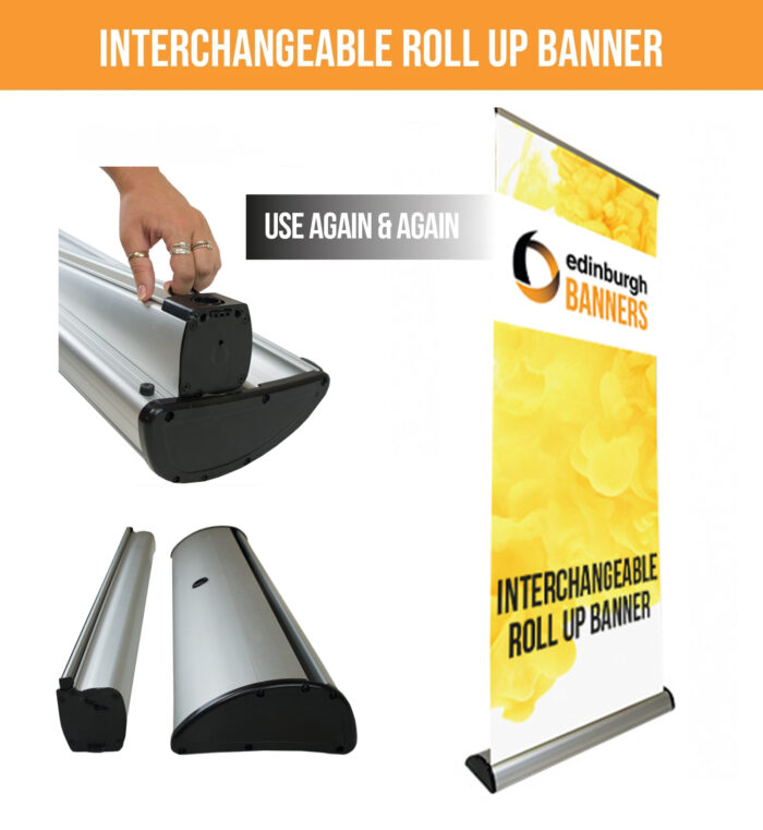 Interchangeable Roll Up Banner set with its easy-to-swap cassette system and a visual guide for repeated use.