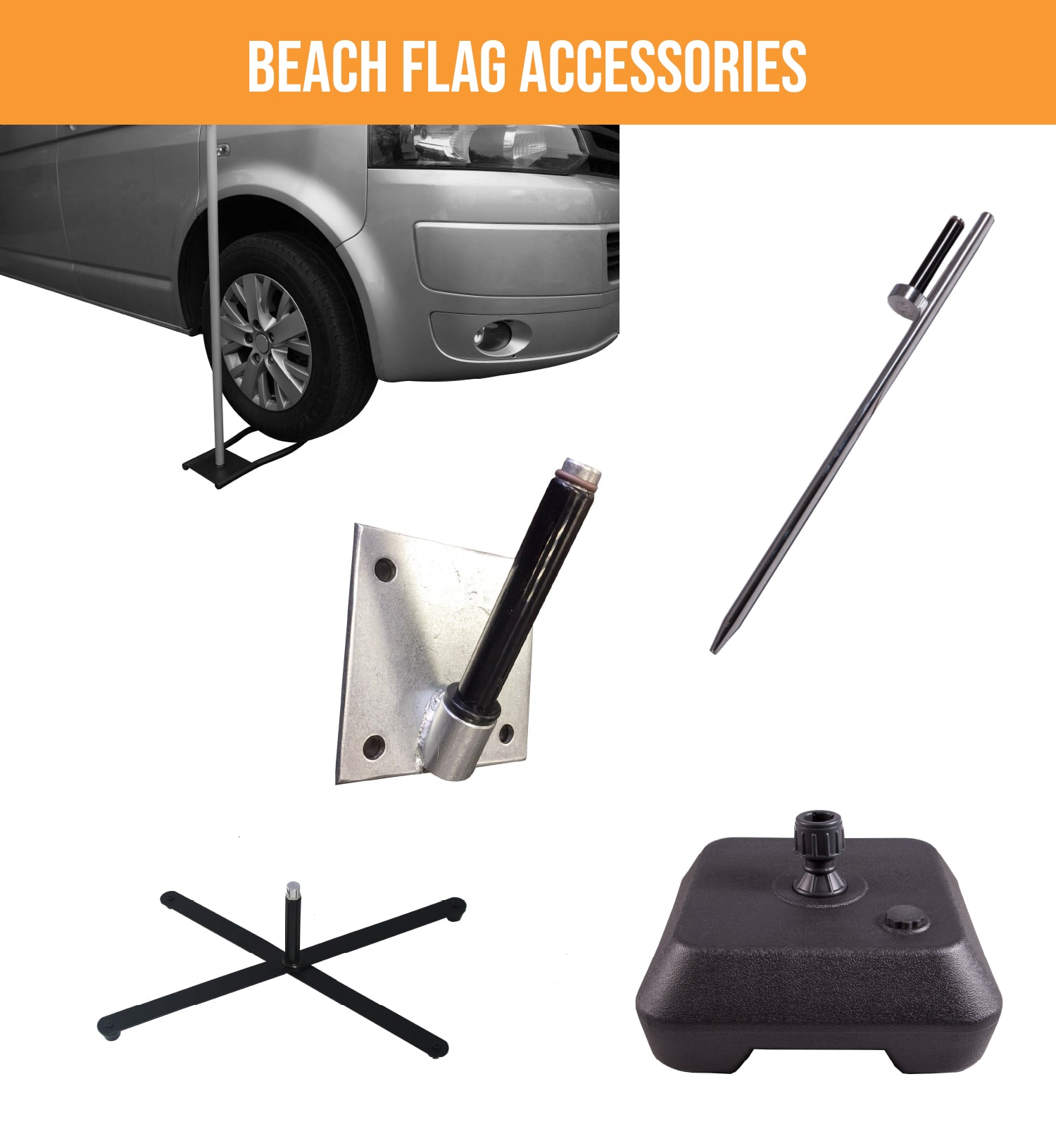 Assorted Beach Flag Accessories Including A Cross Base, Ground Spikes, And A Water Base.