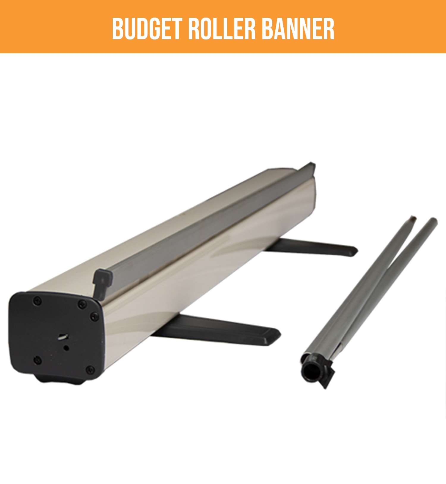 Budget Roller Banner stand and poles, ready for quick setup.