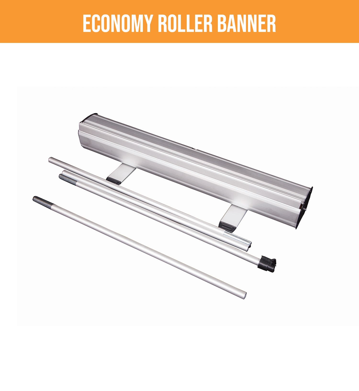 Economy Roller Banner stand and poles displayed for assembly.