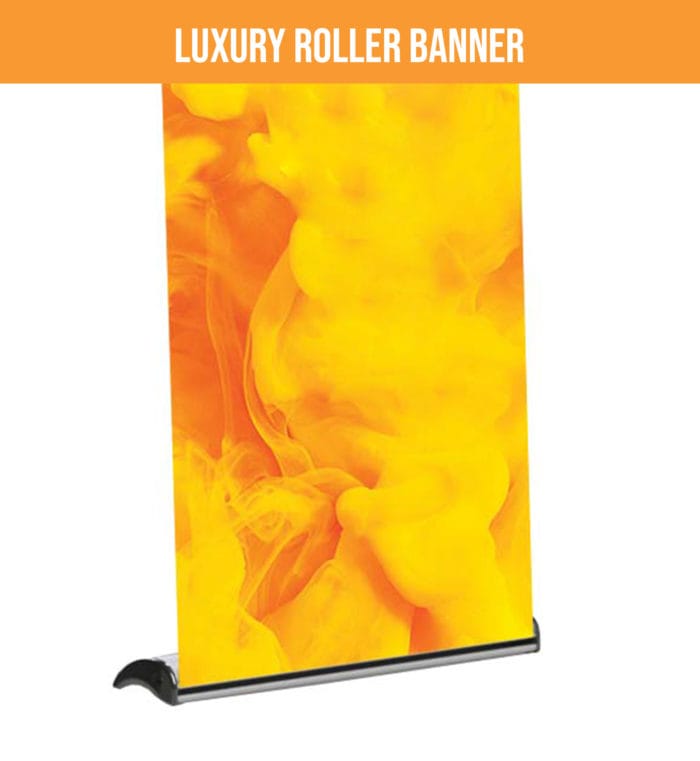 Luxury Roller Banner Full Display With A Vivid, Abstract Orange Design, From Edinburgh Banners.