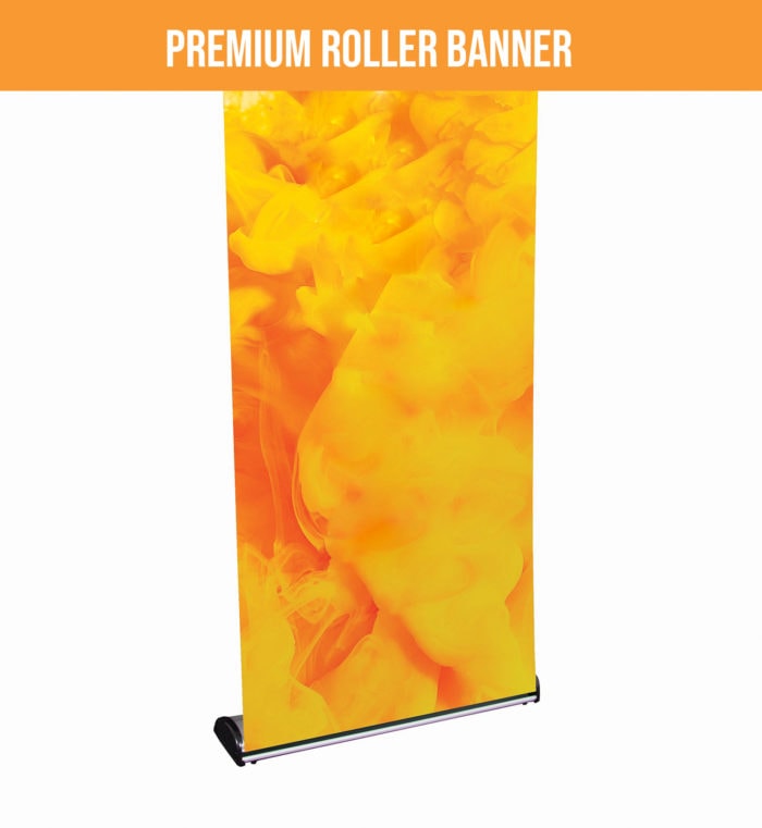 Premium Roller Banner By Edinburgh Banners With Vibrant Orange-Yellow Gradient Design.