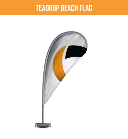 Curved Teardrop Beach Flag with Edinburgh Banners' branding on a sturdy base, displayed against a clean backdrop.