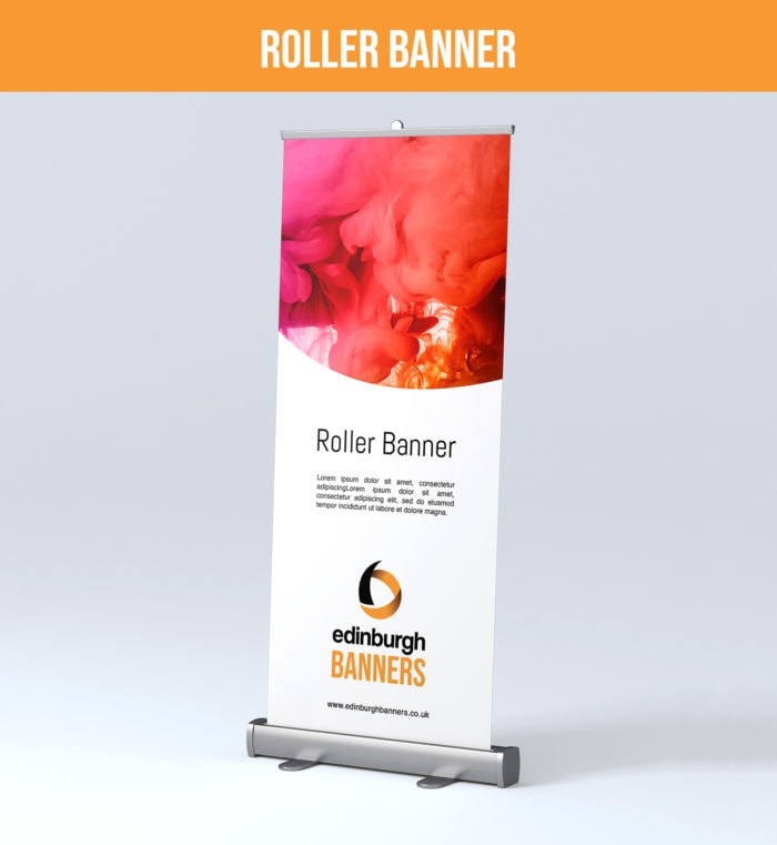 Edinburgh Banners Roller Banner Displayed With Vibrant Pink And Orange Design Elements And Company Logo, Exemplifying Professional Quality And Visual Appeal.