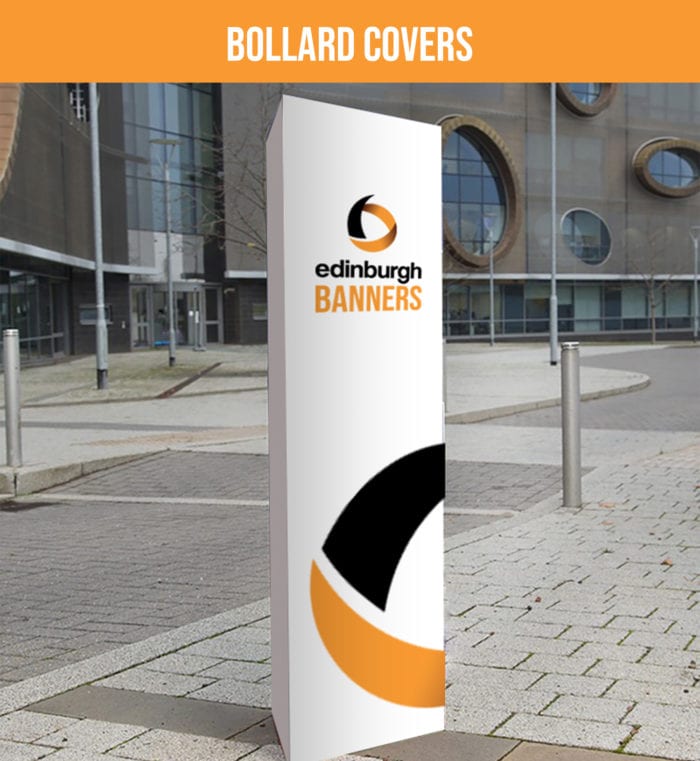 Edinburgh Banners branded bollard covers in a plaza setting.