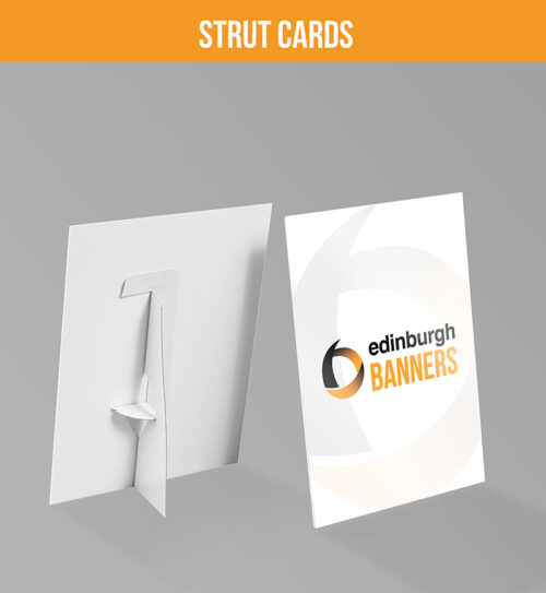 Edinburgh Banners Strut Cards showcasing a sleek white design with a prominent company logo, ready for business promotion.