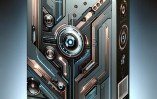 Futuristic high-tech packaging with metallic and blue accents.