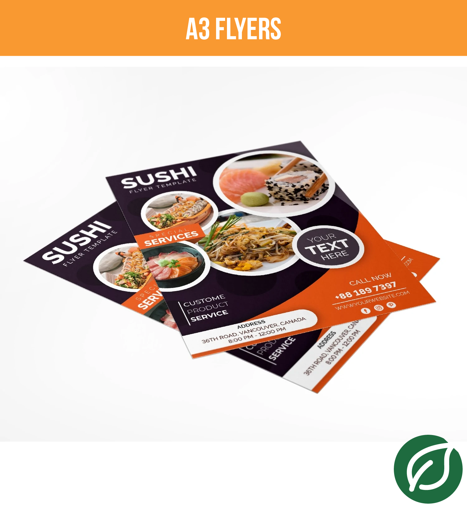 Large stack of A3 flyers (297 × 420 mm) showing bold format